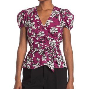 Parker Puff Sleeve Fuchsia Floral Print Wrap Top,